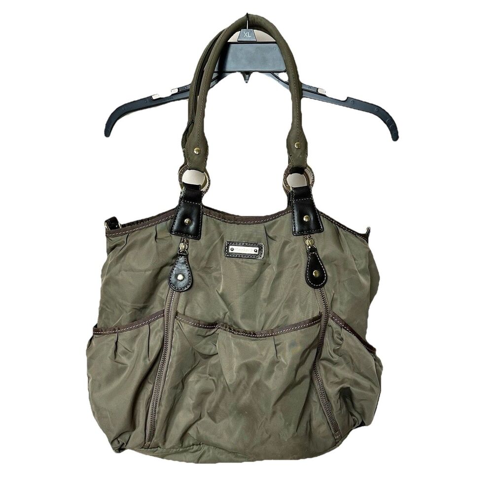 STORKSAK Baby Diaper Bag Tan Multiple Pockets Zip Up Adj Strap Gender Neutral